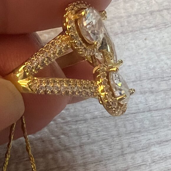 EyeCandy Los Angeles Statement Ring Gold Tone Triple Pear CZ Halo Cocktail Sz 8” - Picture 5 of 10